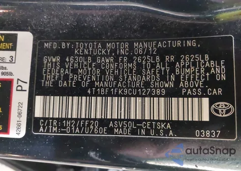 2012 Toyota Camry Se z USA, uszkodzony, nr VIN 4T1BF1FK9CU127389